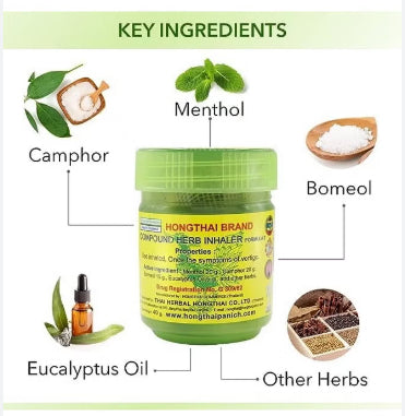 Hong Thai Herbal Balm jar with illustrated key ingredients including camphor, borneol, and herbal oils.