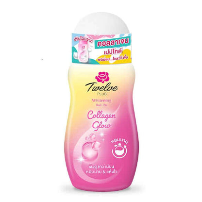 12 Plus Collagen Roll On deodorant front view pink bottle 32.5ml