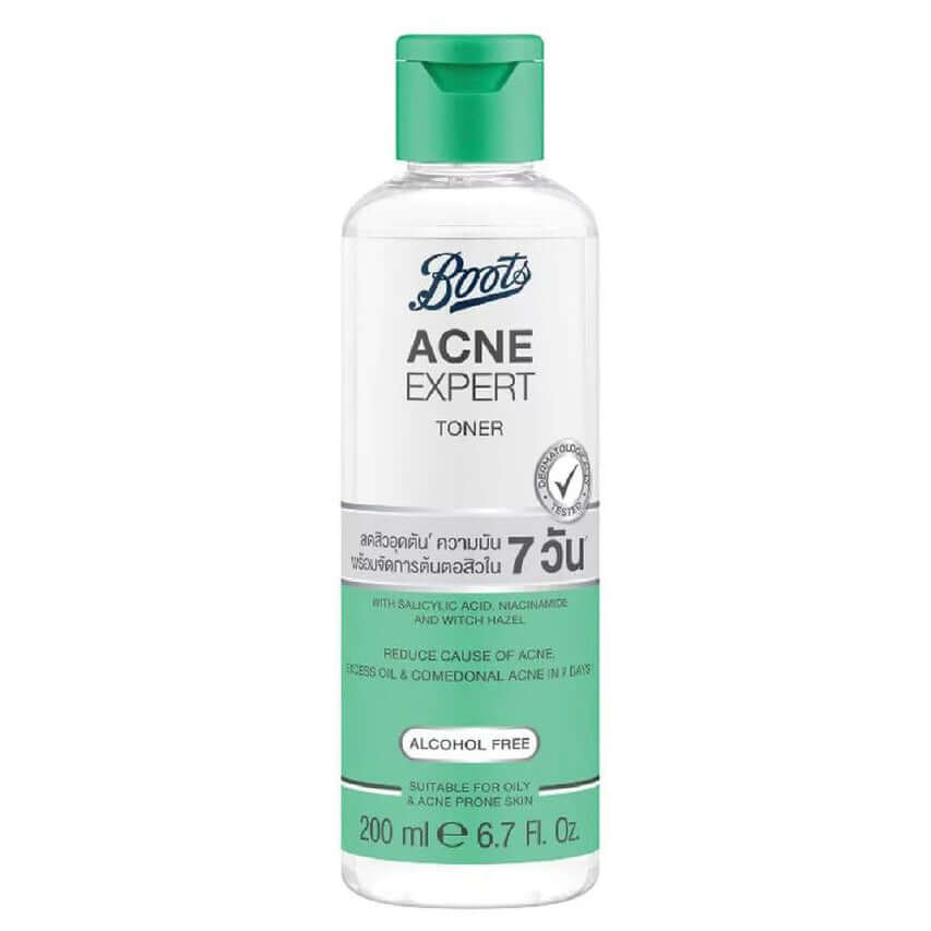 Boots Acne Expert Toner bottle front view with green cap 200ml
