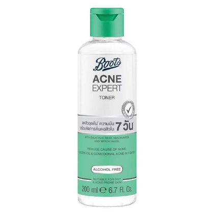 Boots Acne Expert Toner bottle front view with green cap 200ml