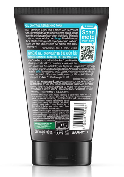 Garnier Men Oil Control Foam back packaging ingredients and instructions label