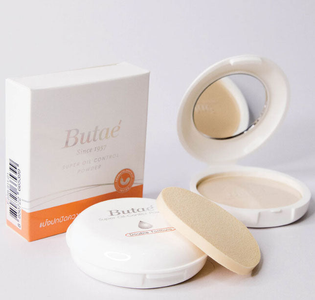 Butae Super Oil Control Powder open compact with sponge and powder