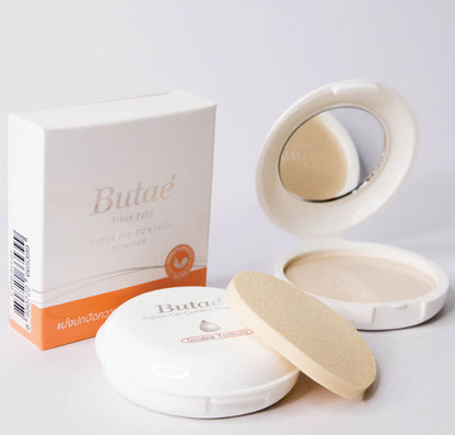 Butae Super Oil Control Powder open compact with sponge and powder