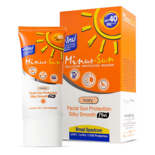 Minus Sun SPF40 Ivory Mousse facial protection sunscreen tube and packaging box.