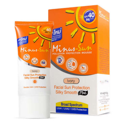 Minus Sun SPF40 Ivory Mousse facial protection sunscreen tube and packaging box.
