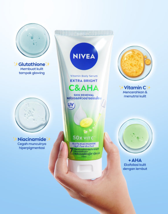 Hand holding Nivea C AHA Vitamin Body Serum demonstrating lightweight texture and fast absorption.