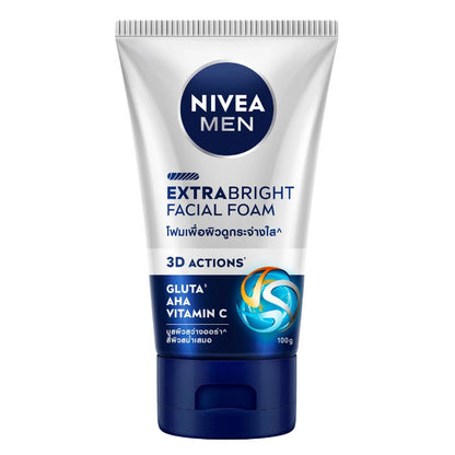 NIVEA MEN Extra Bright Foam Facial Foam packaging featuring 3D Actions technology for radiant skin 100g