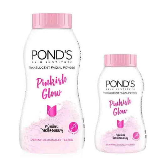 Pond's Pinkish Glow Powder Translucent Facial Powder displayed in two sizes promoting bright complexion.