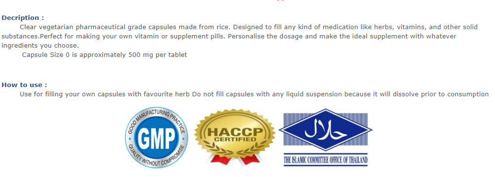 Certifications for Empty Vegetarian Capsules Size 0 including Vegan, Kosher, Halal, and FDA GMP logos