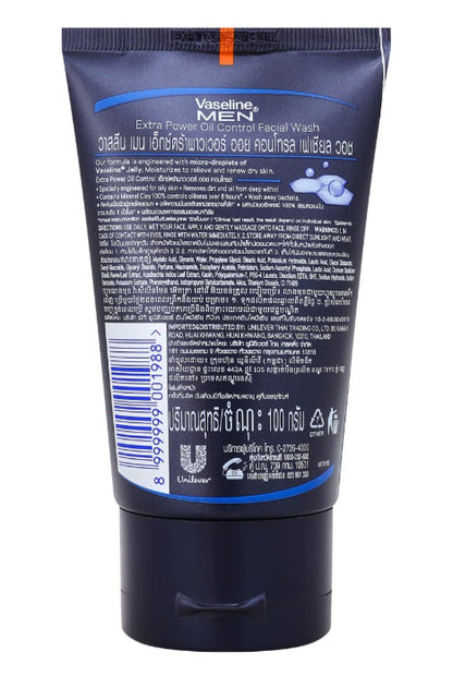 Vaseline Men Oil Control Wash Facial Foam Cleanser 100g pack back view, highlights oil control properties and usage instructions.