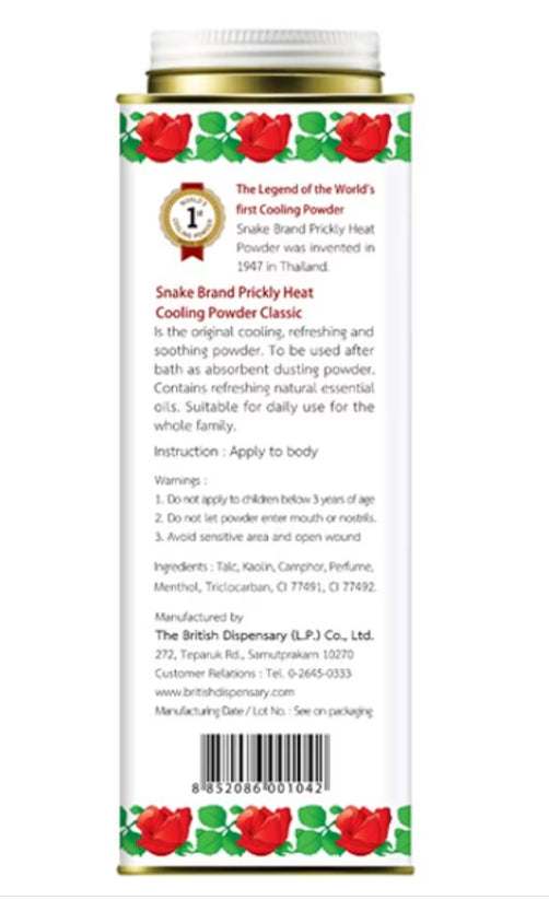 Snake brand prickly heat powder Classic 280g back label with ingredients, usage instructions, and manufacturer details.