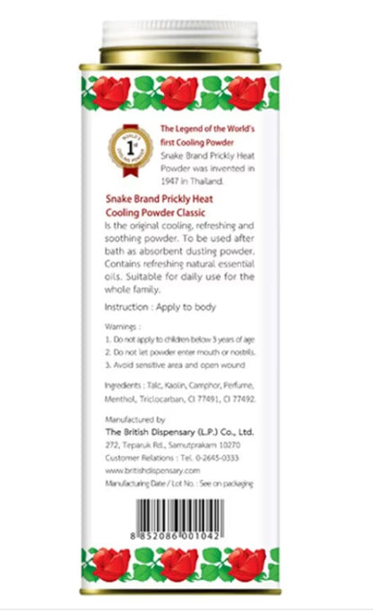 Snake brand prickly heat powder Classic 280g back label with ingredients, usage instructions, and manufacturer details.