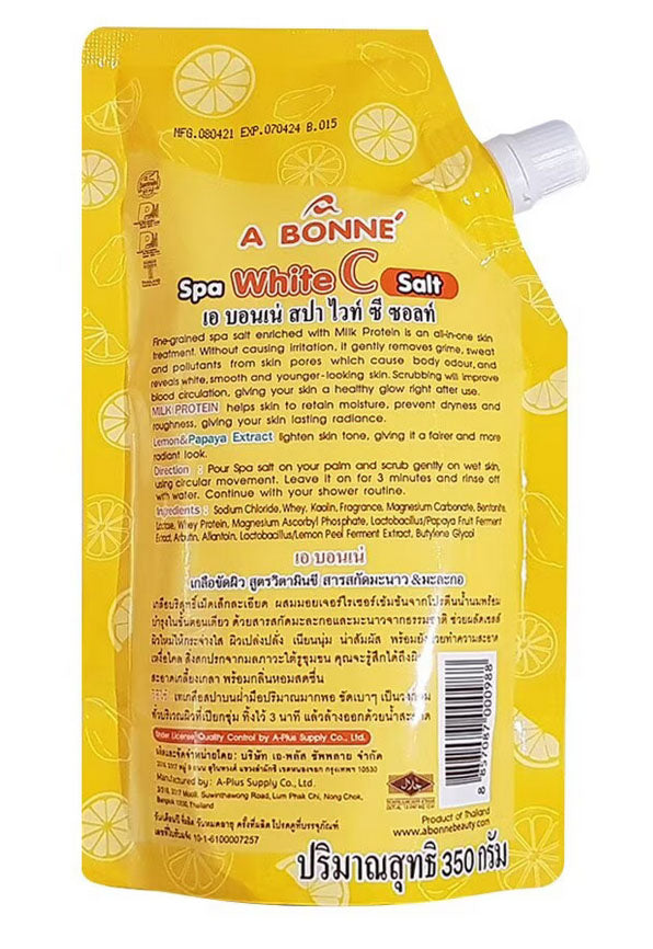 A BONNE Spa White C Salt Papaya Lemon body scrub 350g back label details ingredients