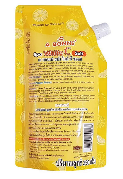 A BONNE Spa White C Salt Papaya Lemon body scrub 350g back label details ingredients