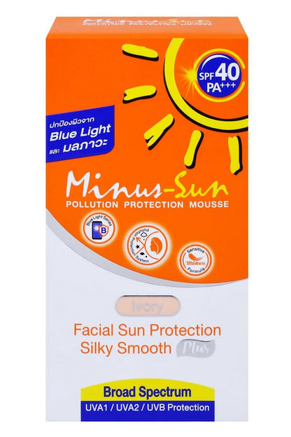 Minus Sun SPF40 Silky Smooth Plus Pollution Protection Mousse packaging box front view.