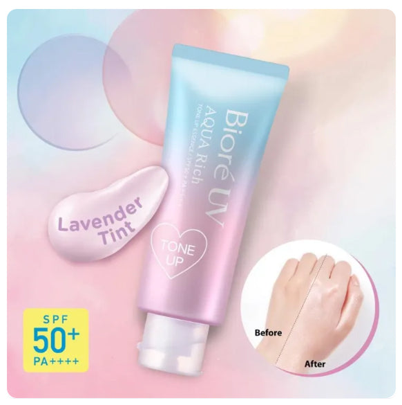 Biore UV Aqua Rich Tone Up Essence showing watery light texture and smooth finish sunscreen for face and body