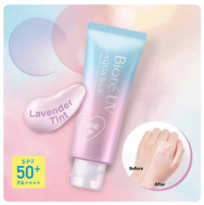 Biore UV Aqua Rich Tone Up Essence showing watery light texture and smooth finish sunscreen for face and body