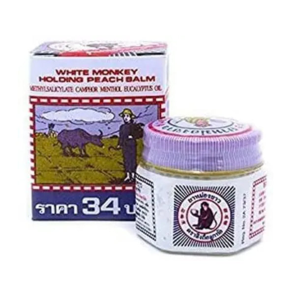 White Monkey Balm jar and box packaging showing herbal medicated Thai ointment 18g for pain relief