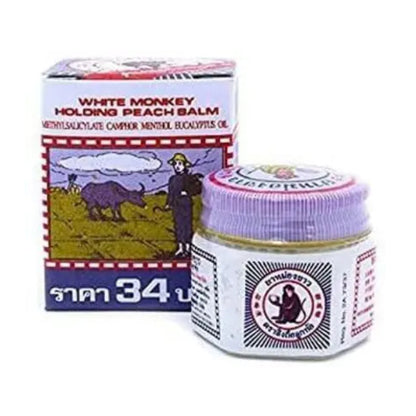 White Monkey Balm jar and box packaging showing herbal medicated Thai ointment 18g for pain relief