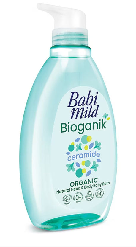 Babi Mild Bioganik Baby Bath angled view bottle pump design 800ml baby shampoo body wash
