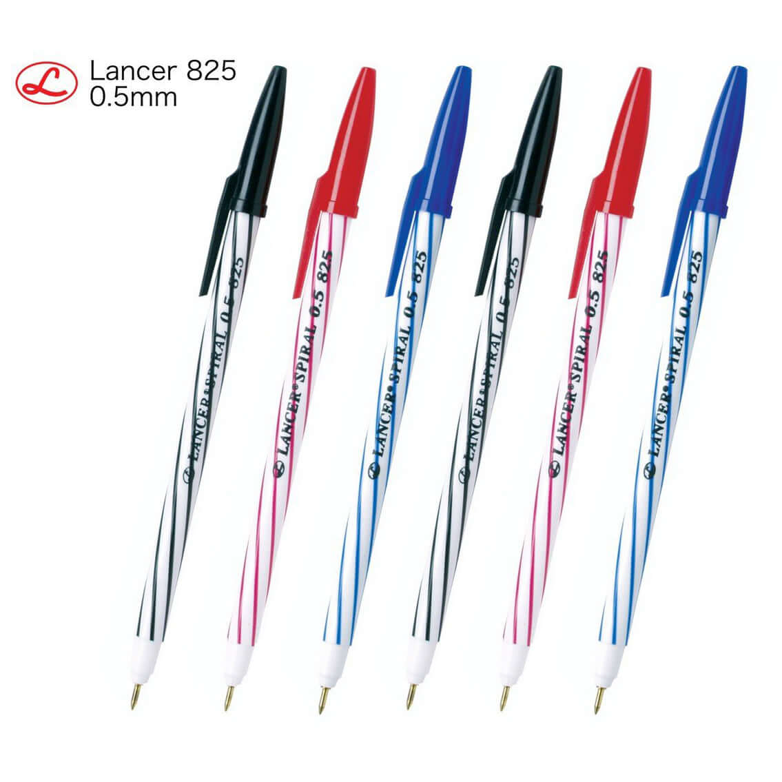 Lancer Spiral Ballpoint Pens blue black red 0.5mm pen set product display