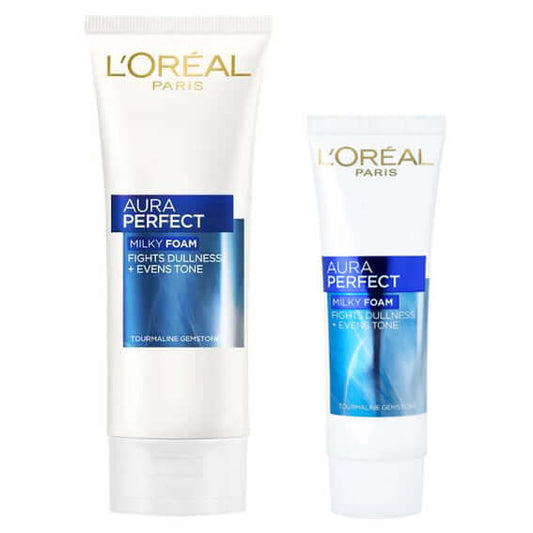 L'Oreal Aura Perfect Foam Facial Cleanser packaging showcasing brightening formula that fights dullness and evens skin tone.