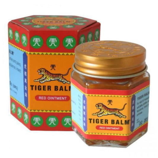 Tiger Balm Red ointment in a jar and box, herbal pain relief for muscles and headaches, 30g.