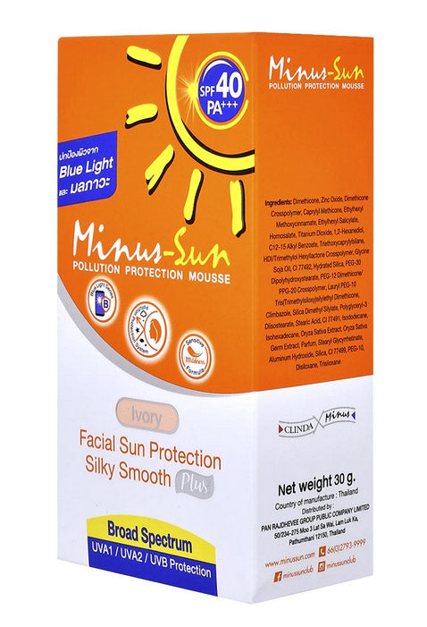 Minus Sun SPF40 Pollution Protection Mousse side view showing product details and benefits.