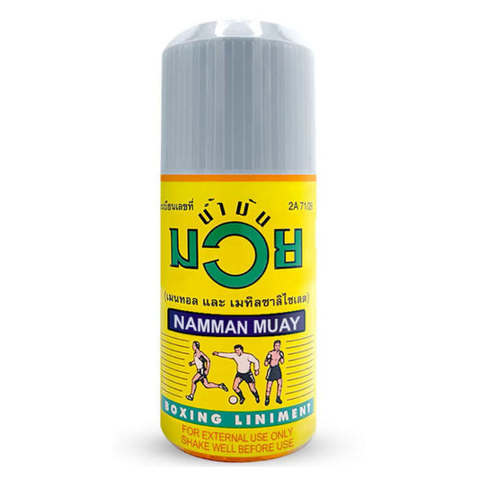 Namman Muay Liniment Oil 120cc bottle showing the classic yellow packaging used for Thai boxing muscle warm-up and pain relief
