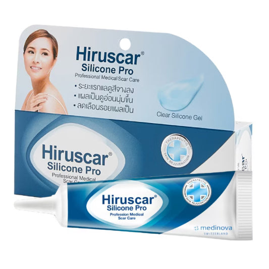 Hiruscar Silicone Pro Gel 4g front packaging with tube and box clear silicone scar gel