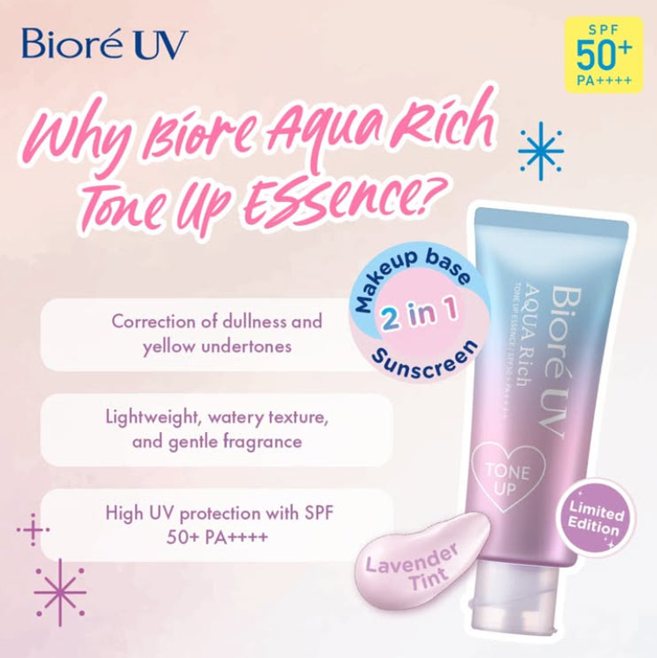 Biore UV Aqua Rich Tone Up sunscreen promotion poster highlighting tone-up benefits and watery lavender essence texture