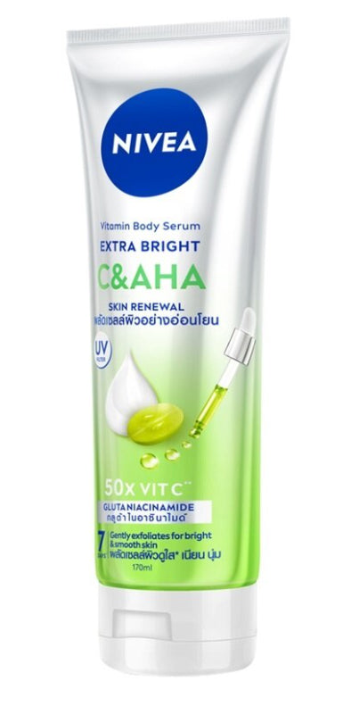 Close-up of Nivea C AHA Vitamin Body Serum tube highlighting the brightening formula and 50X Vitamin C claim.