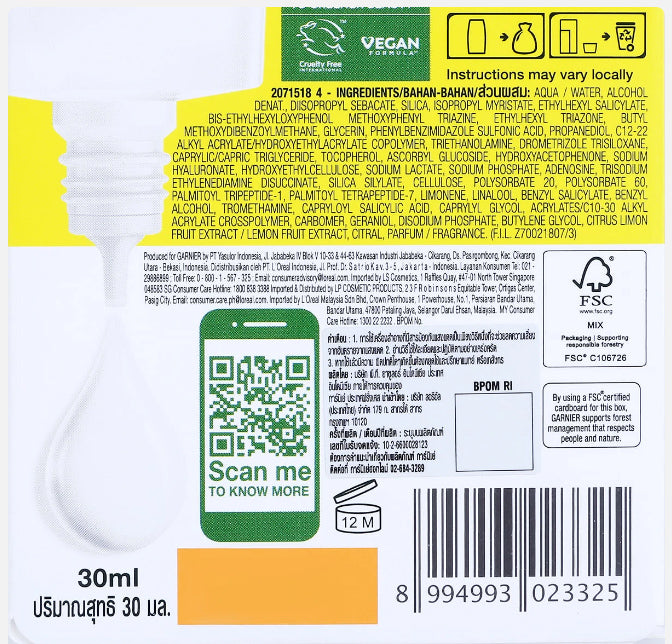 Garnier Super UV Serum sunscreen SPF50 PA++++ back label ingredients and barcode