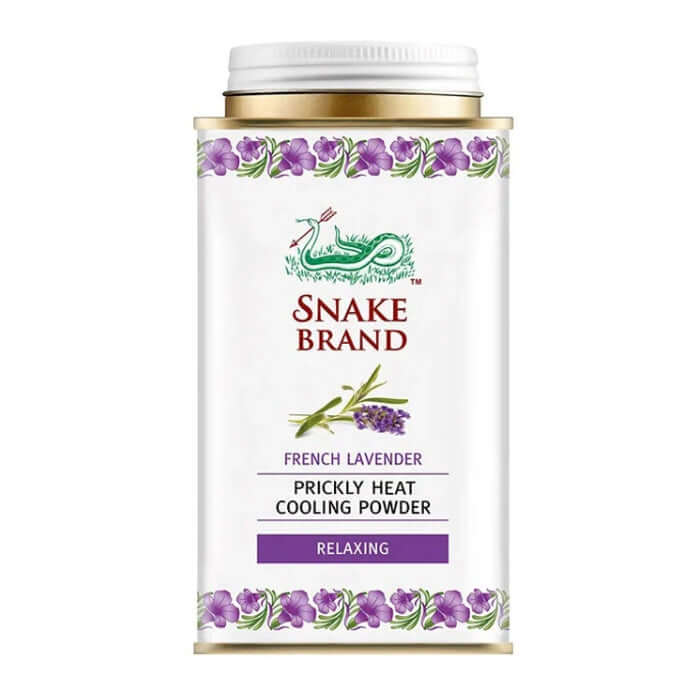 Snake brand prickly heat powder Relaxing French Lavender 140g front view showing calming lavender scent cooling body powder.