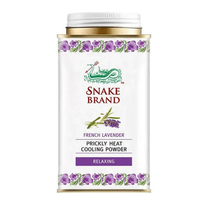 Snake brand prickly heat powder Relaxing French Lavender 140g front view showing calming lavender scent cooling body powder.