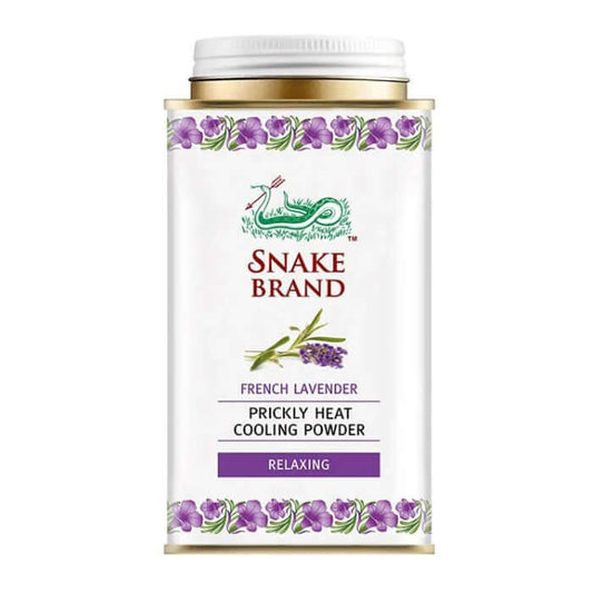 Snake brand prickly heat powder Relaxing French Lavender 140g front view showing calming lavender scent cooling body powder.
