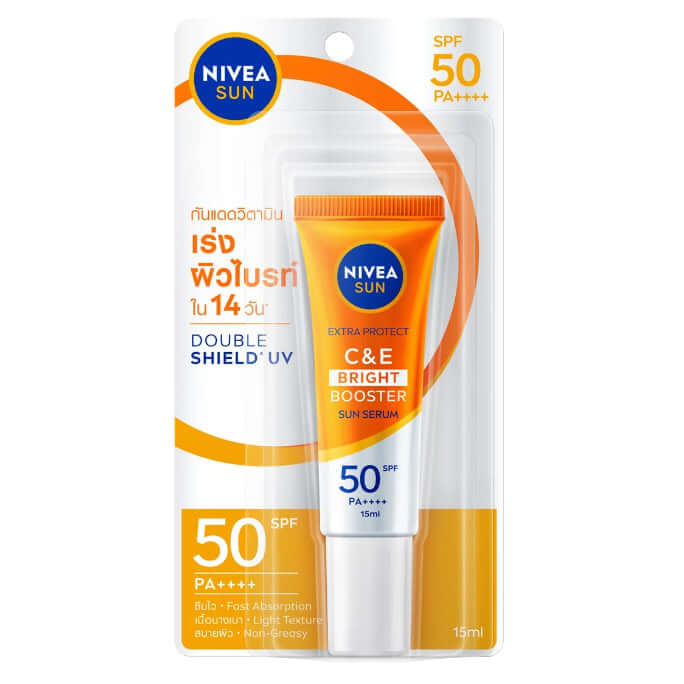 Nivea Sun C and E SPF50 Extra Protect Sunscreen Facial Serum 30ml in packaging with SPF and PA ratings prominently displayed.