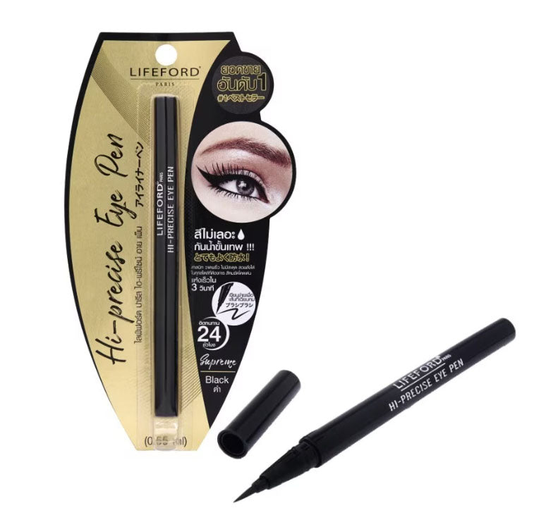 Lifeford Hi Precise Eye Pen black liquid eyeliner pen and packaging angled view