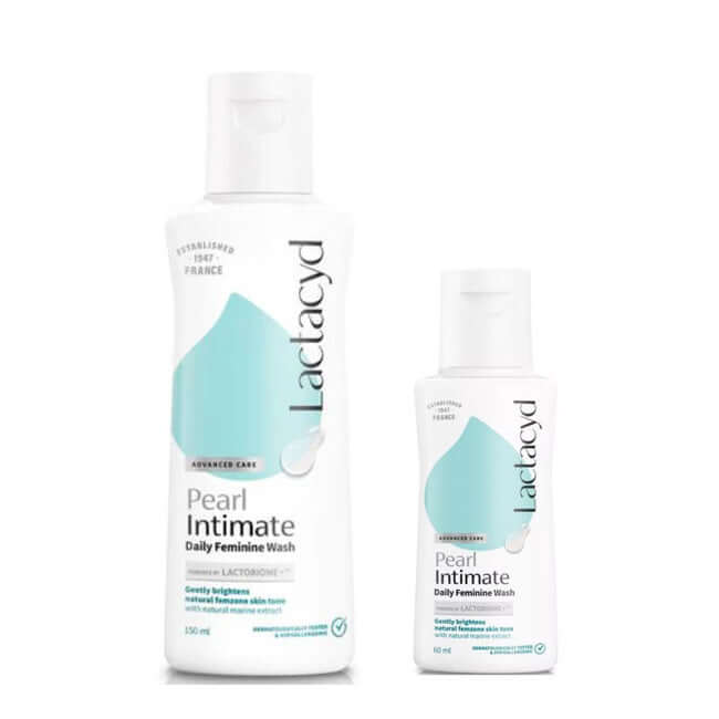 Lactacyd Pearl Intimate Wash Advanced Care Daily Feminine 150 ml and 60 ml bottles.