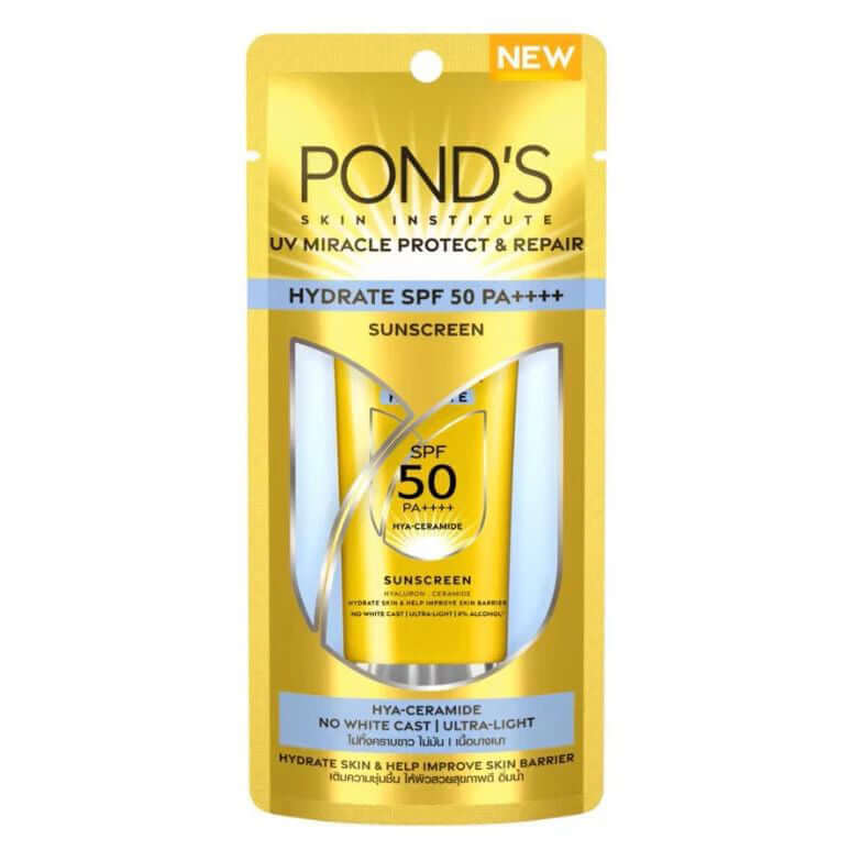 Pond's UV Miracle Sunscreen Hydrate SPF50 PA++++ front package with Hya Ceramide technology and UV protection