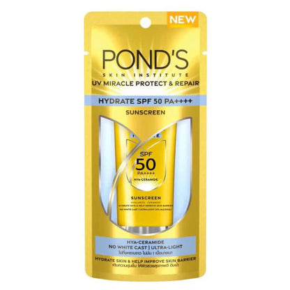 Pond's UV Miracle Sunscreen Hydrate SPF50 PA++++ front package with Hya Ceramide technology and UV protection