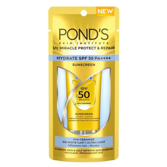 Pond's UV Miracle Sunscreen Hydrate SPF50 PA++++ front package with Hya Ceramide technology and UV protection