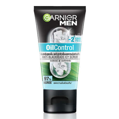 Garnier Men Oil Control Icy Scrub Face Wash Anti Blackheads 50ml tube with exfoliating ingredients and cool feel.