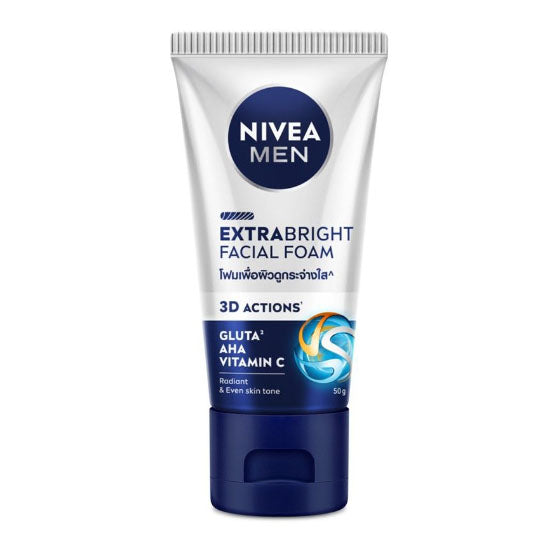NIVEA MEN Extra Bright Foam Facial Face Wash 10X Power 3D Actions in a tube, promoting radiant and even skin tone 50g