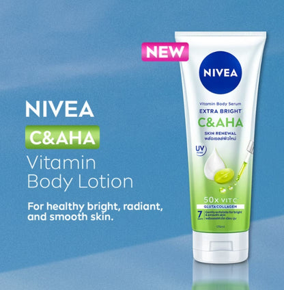 Nivea C AHA Vitamin Body Serum product displayed on blue background emphasizing Triple Bright Power benefits.