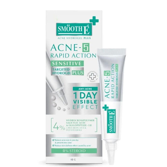 Smooth E Acne Hydrogel Plus packaging showing tube and box for targeted acne care