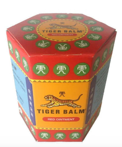 Tiger Balm Red ointment packaging, herbal pain relief balm for muscle and headache relief, 30g.