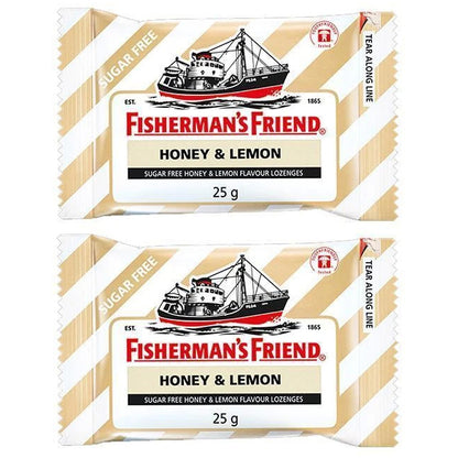 Fisherman's Friend Honey Lemon Sugar Free Lozenges 25g pack front view with classic striped design