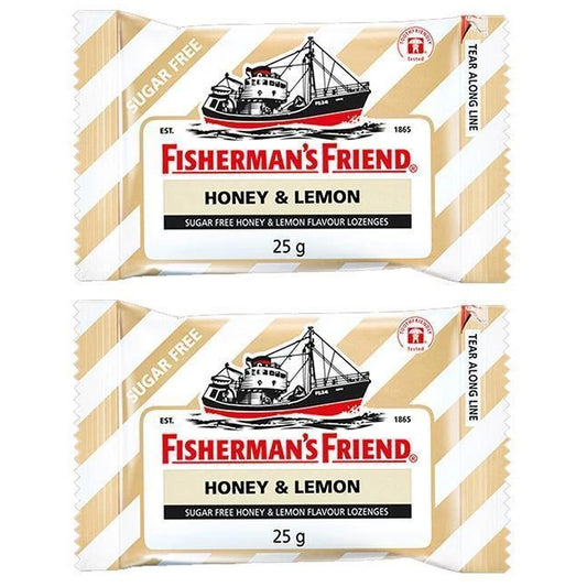 Fisherman's Friend Honey Lemon Sugar Free Lozenges 25g pack front view with classic striped design