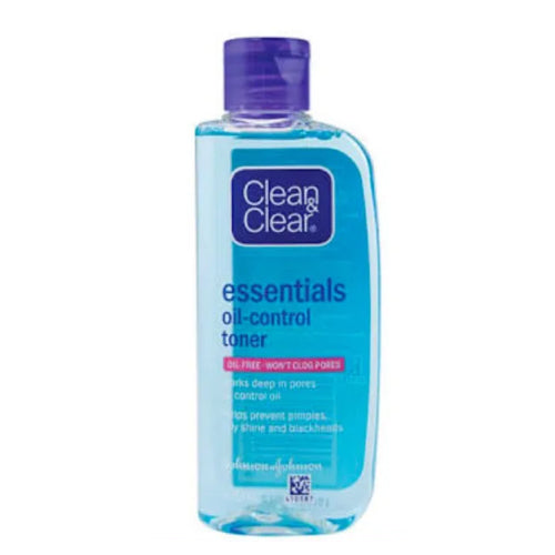  Clear bottle of Clean & Clear Essentials Oil-Control Toner 50ml with purple cap, front view.